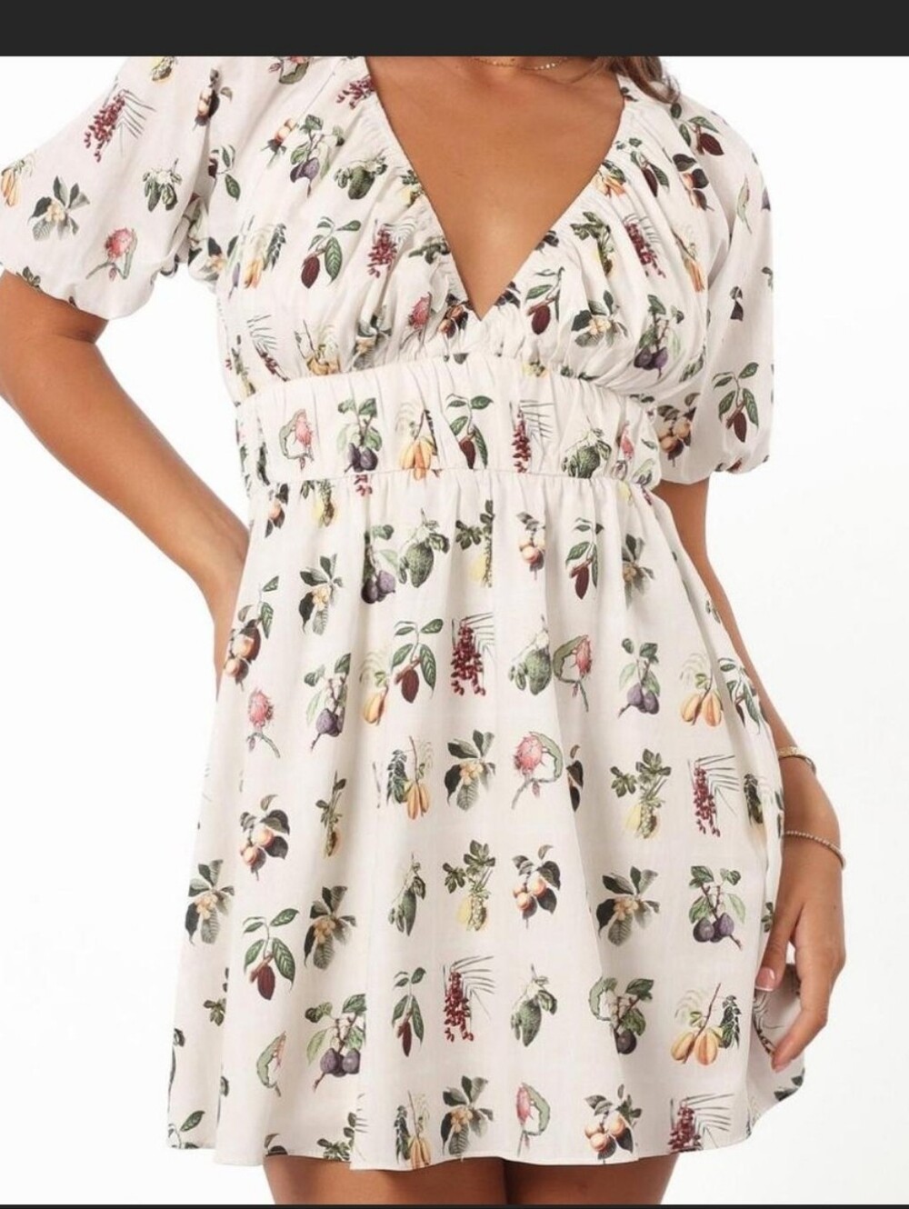 Petal & Pup Cream Botanical V‑Neck Smocked Mini Dress